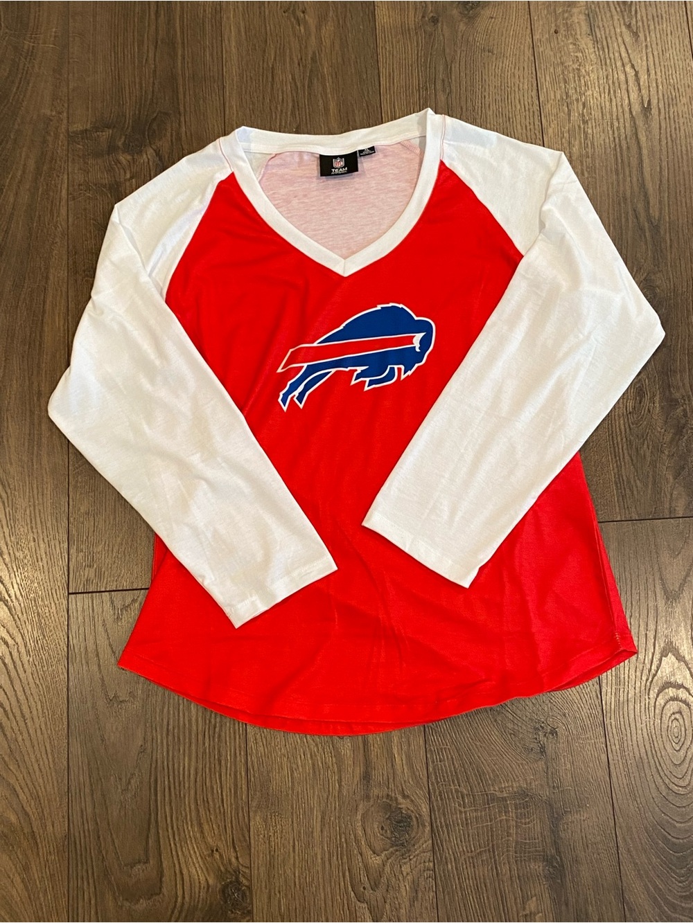 NWOT NFL Red and White Long-Sleeve V-Neck Team Tee with Blue Buffalo Bills Logo